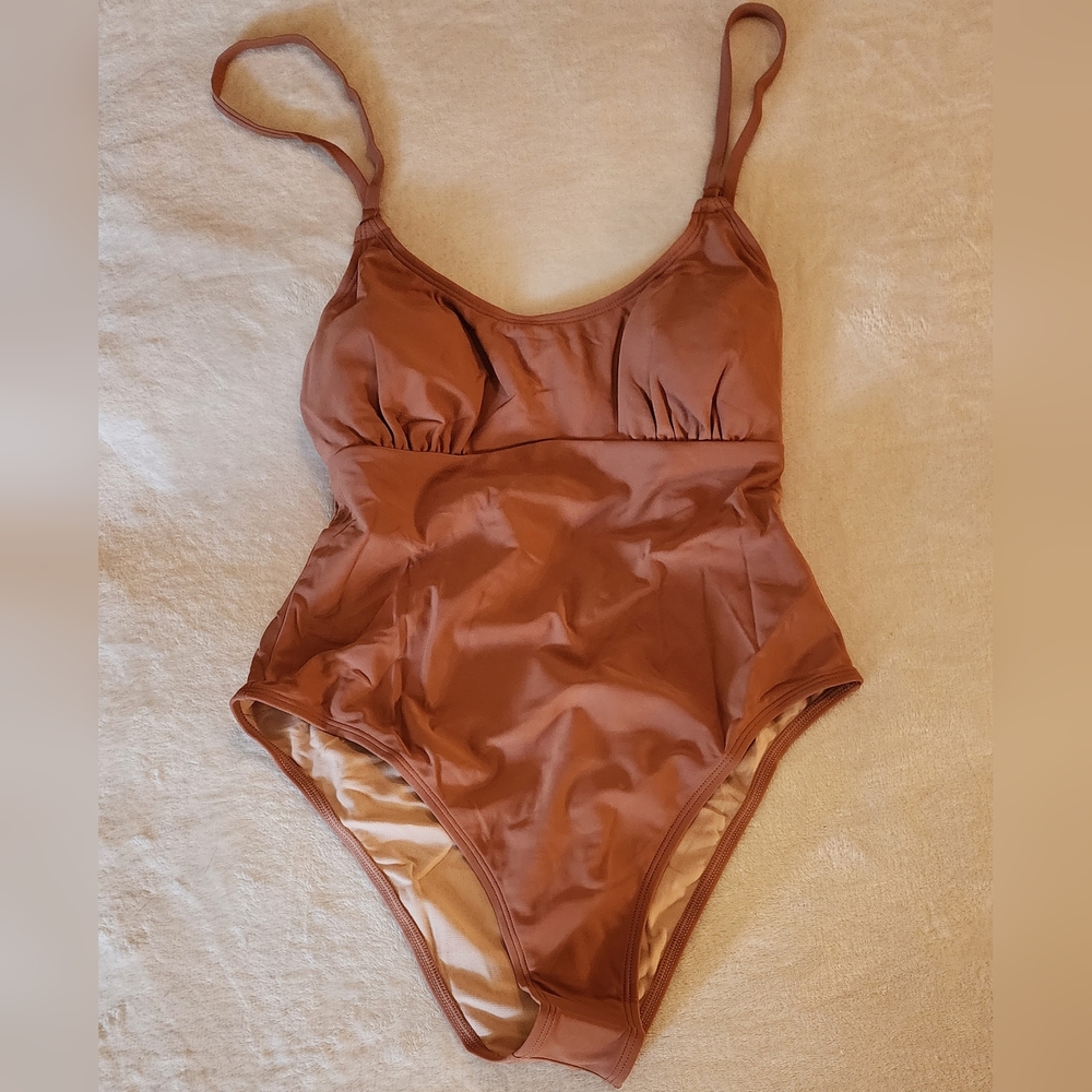 Cupshe Solid Brown Scoop Neck One-Piece Swimsuit - Picture 3 of 7